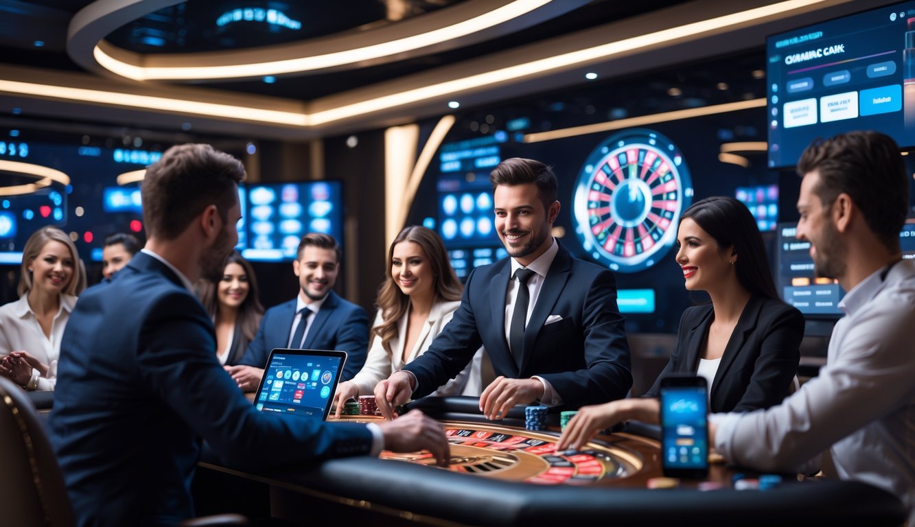 Suasana kasino online langsung dengan pemain yang berinteraksi secara real-time bersama dealer yang sedang membagikan kartu.