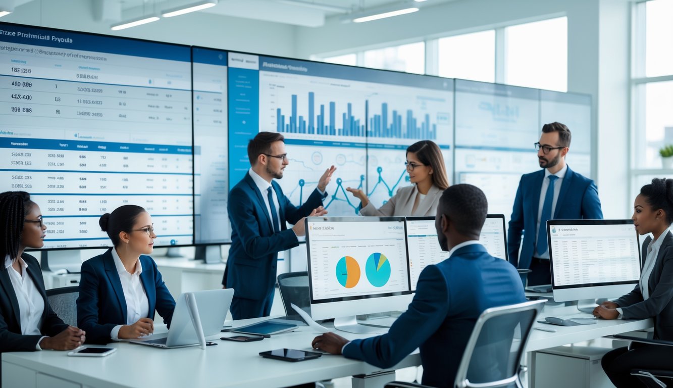 Seorang profesional sedang menganalisis data keluaran di ruang kantor modern dengan beberapa layar komputer menampilkan grafik dan angka.