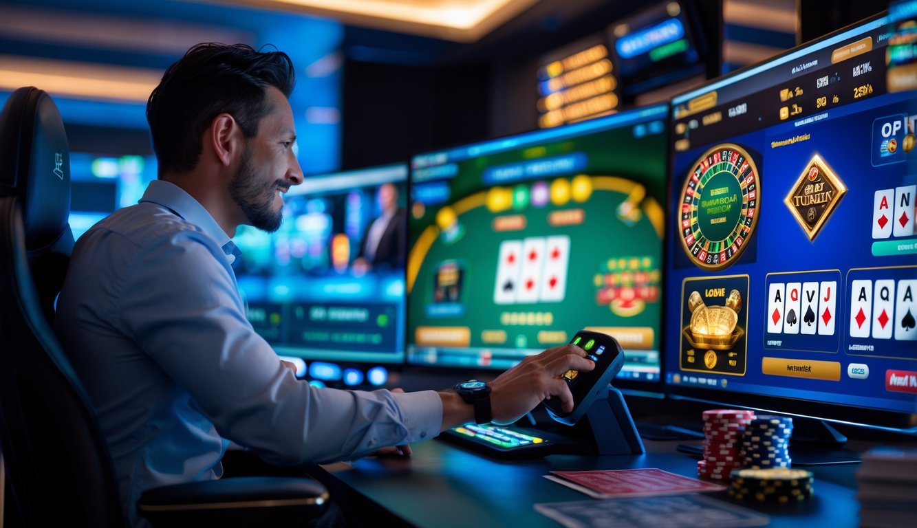 Seseorang sedang bermain kasino online dengan beberapa layar komputer menampilkan permainan kasino dan kontrol permainan yang responsif.