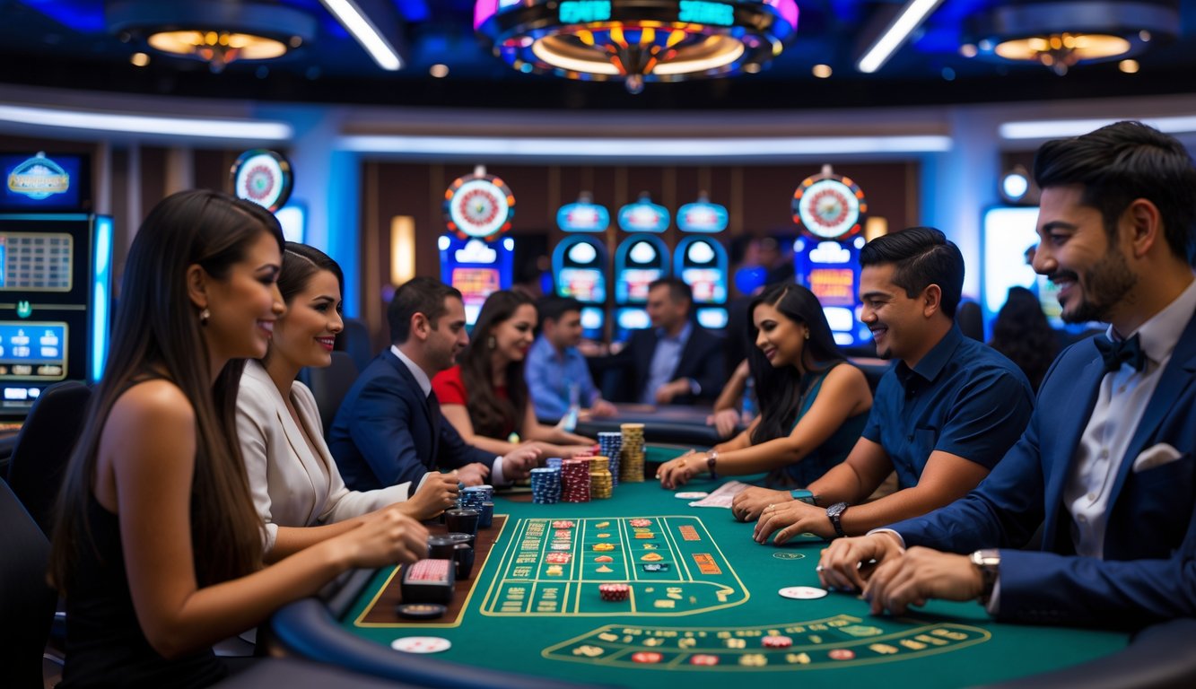 Orang-orang bermain berbagai permainan kasino populer di ruang kasino online yang modern dan terang.