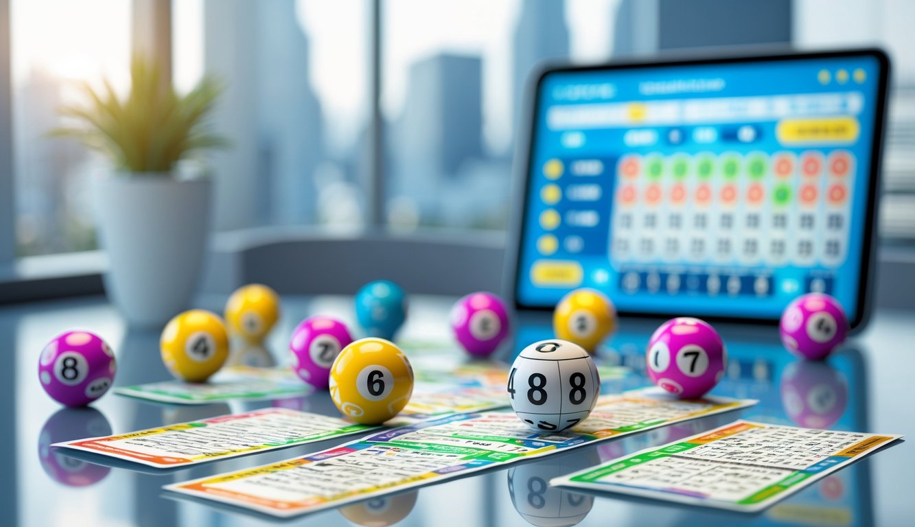 Meja kaca dengan tiket lotre berwarna-warni dan bola lotre bernomor, dengan latar belakang kantor dan pemandangan kota yang kabur.