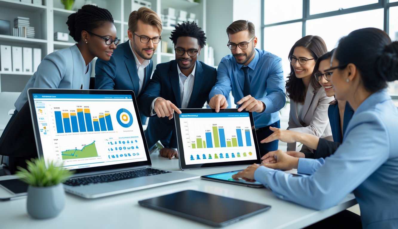 Sekelompok profesional sedang menganalisis data statistik togel di ruang kantor modern dengan perangkat digital.