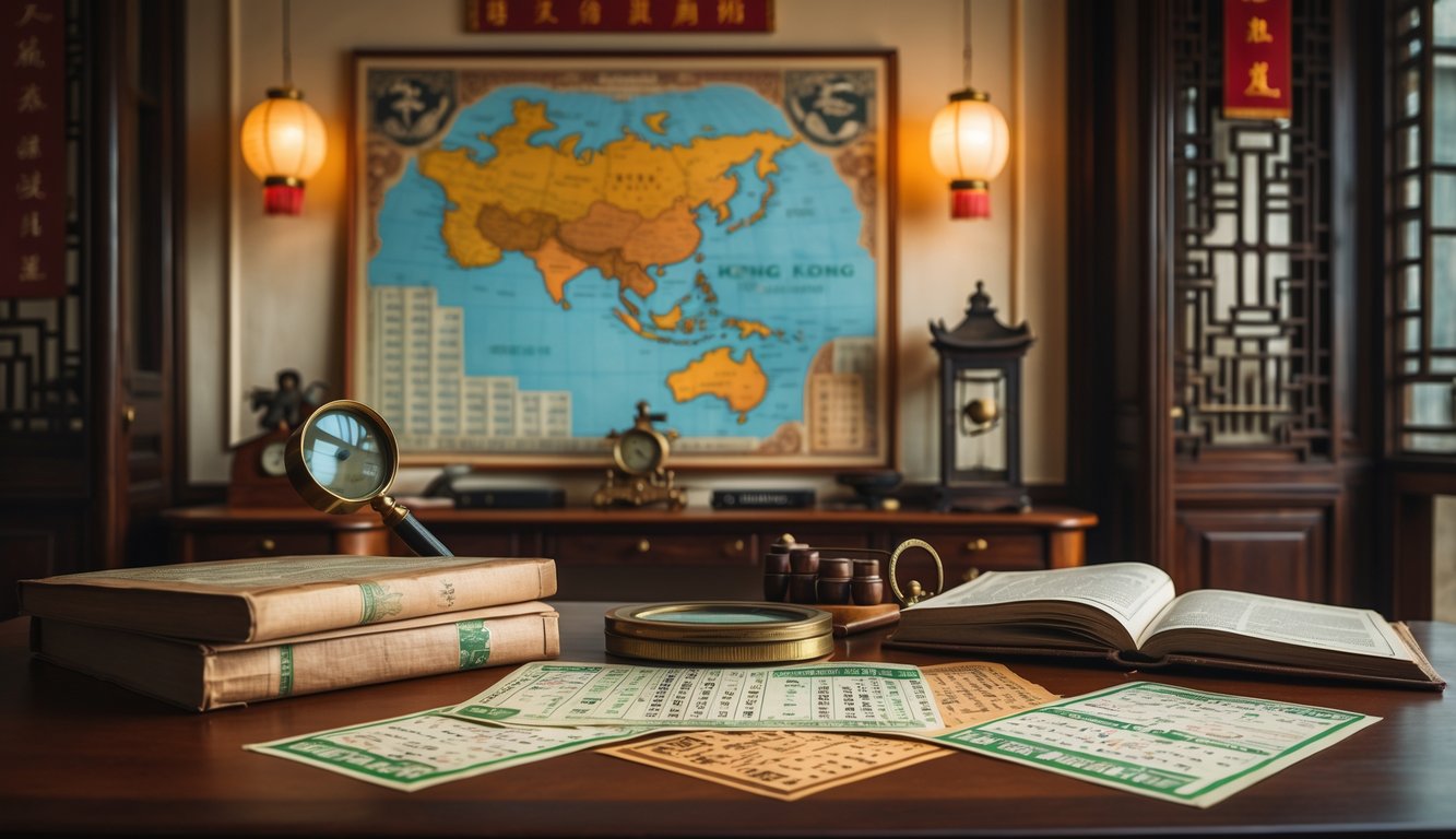 Sebuah ruangan studi vintage dengan meja kayu yang berisi tiket togel lama, dokumen sejarah, kaca pembesar, dan peta klasik Hong Kong di dinding.