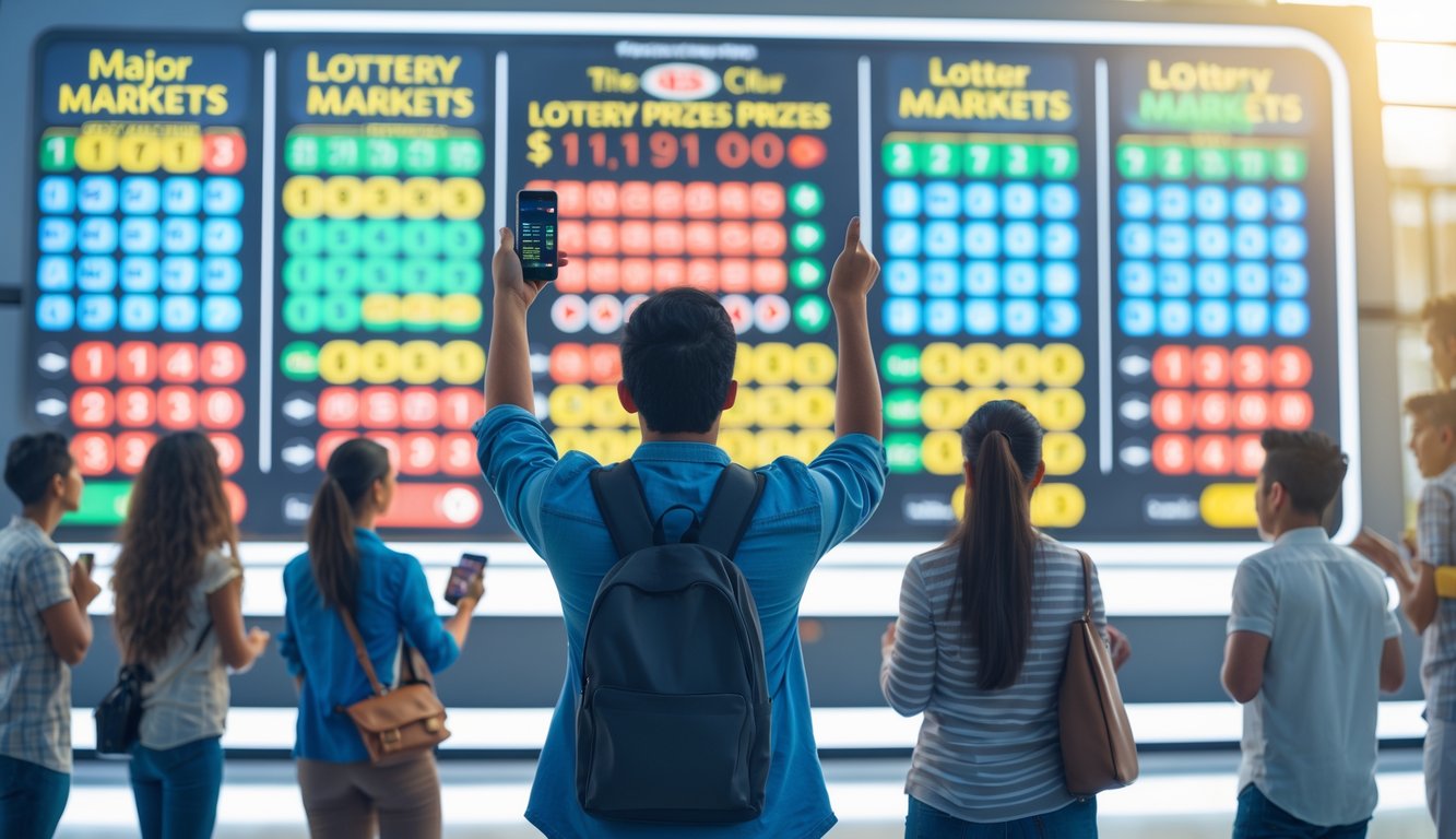 Orang-orang yang bersemangat melihat papan digital dengan angka dan grafik lotere dari berbagai pasar utama.