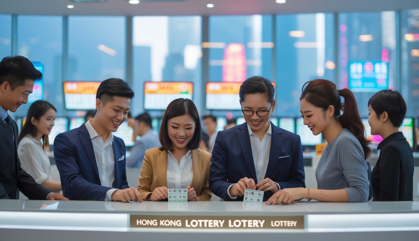 Orang-orang sedang memeriksa hasil togel dan mengisi tiket di sebuah tempat lotere modern dengan latar kota Hong Kong.
