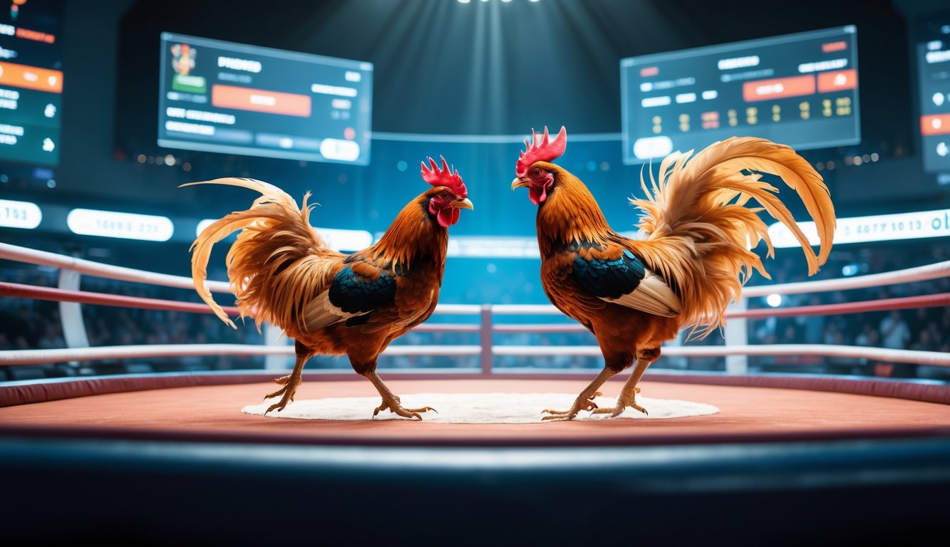 Arena sabung ayam online dengan dua ayam bertarung di tengah dan tampilan antarmuka digital di latar belakang.