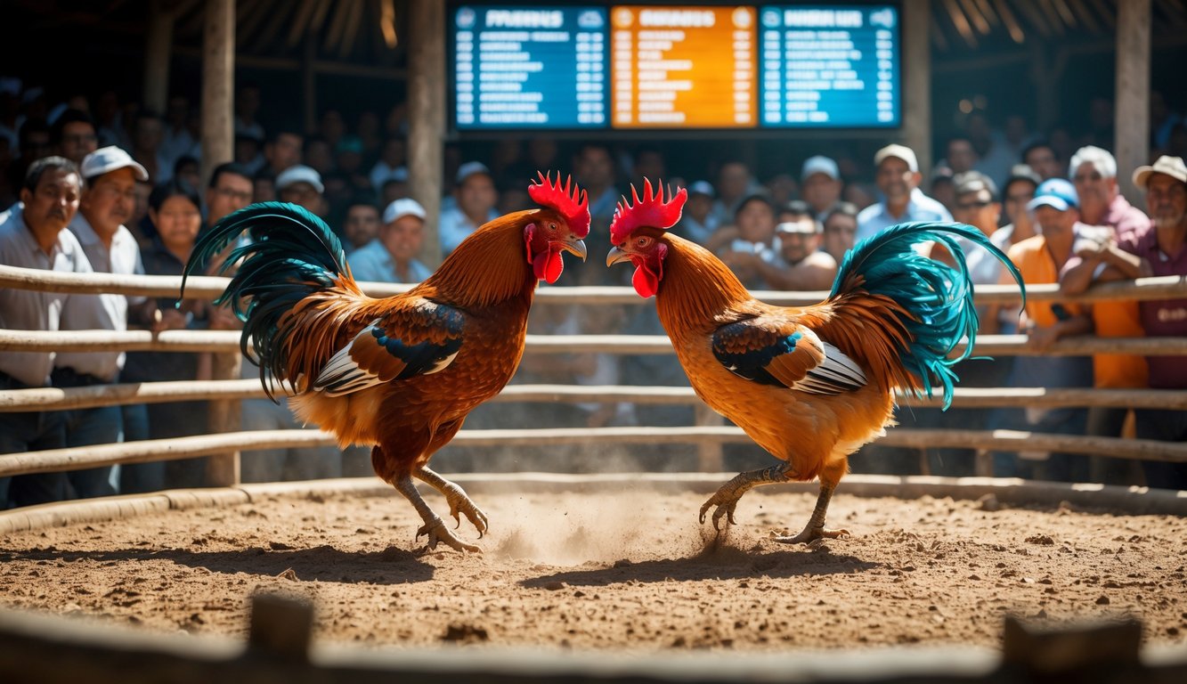 Dua ayam jago bertarung di arena dengan kerumunan penonton yang antusias di sekitarnya.