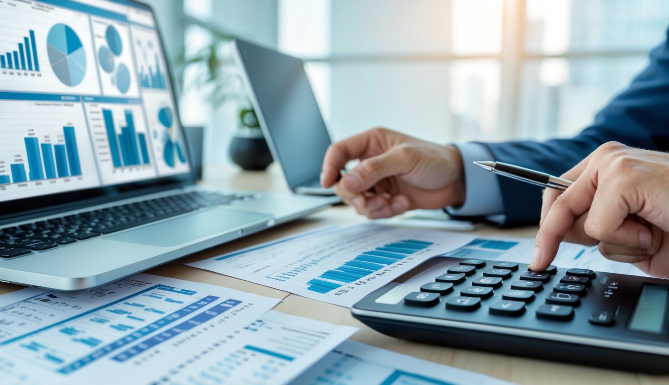 Meja kerja dengan laptop, kalkulator, dan kertas berisi angka, seseorang menunjuk data dengan pena.