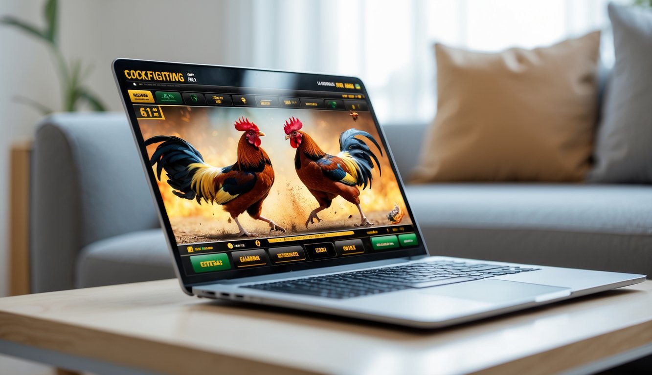Seseorang menggunakan perangkat digital untuk menonton pertandingan sabung ayam secara online dengan gambar dua ayam jago bertarung di layar.