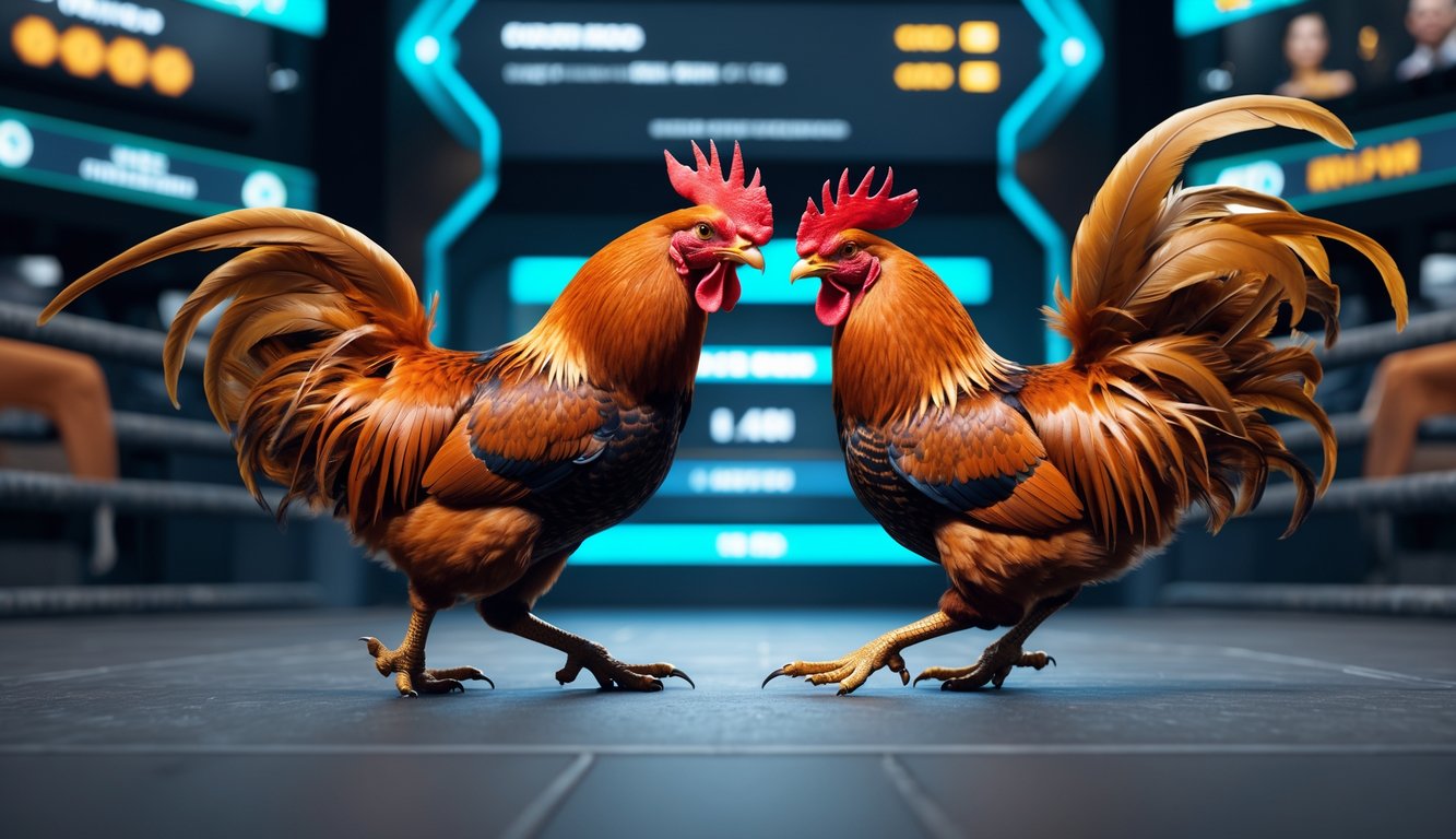 Dua ayam jago sedang berhadapan dalam arena sabung ayam online dengan latar belakang layar digital.