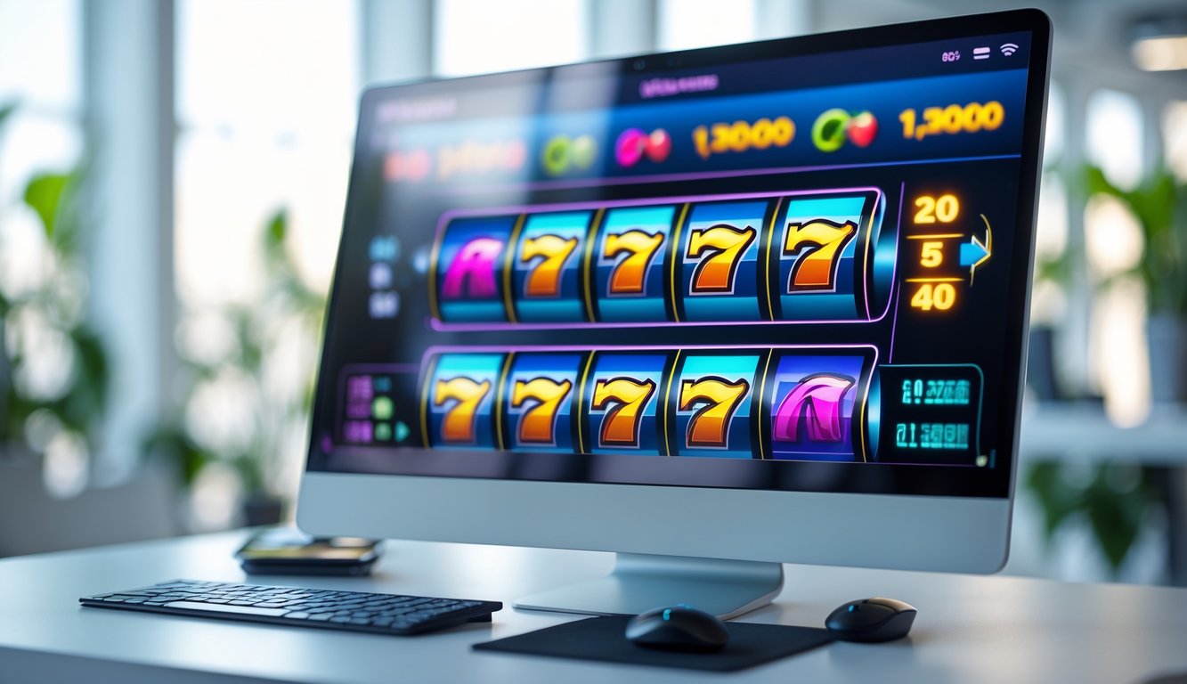 Sebuah monitor komputer menampilkan antarmuka mesin slot online modern dengan gulungan berputar stabil di meja kerja minimalis dalam ruangan terang.