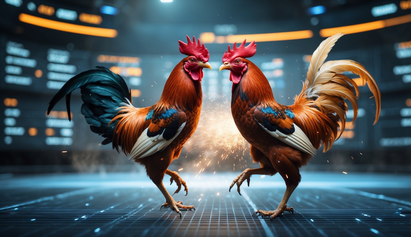 Dua ayam jago sedang bertarung di udara dengan latar belakang antarmuka digital modern.