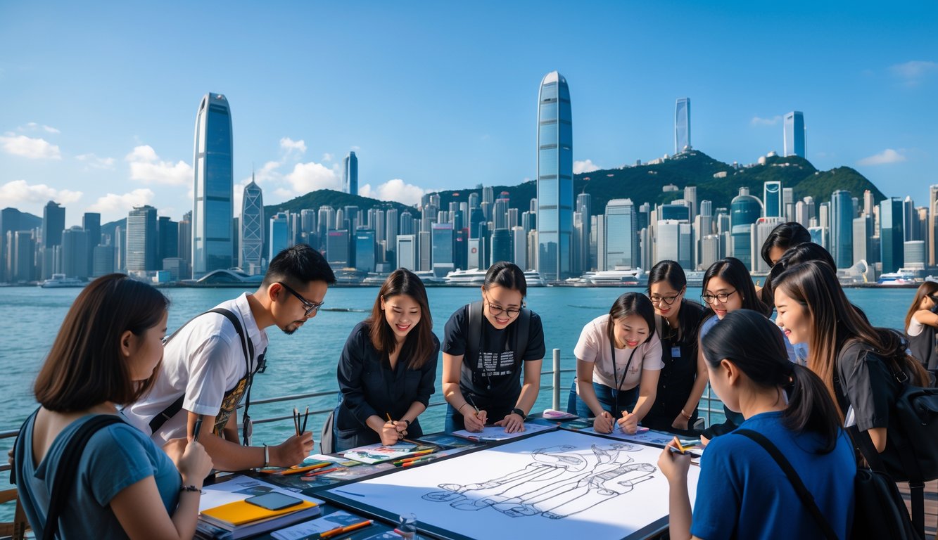 Sekelompok orang mengamati seorang seniman yang sedang menggambar di luar ruangan dengan latar belakang gedung pencakar langit Hong Kong dan pelabuhan.