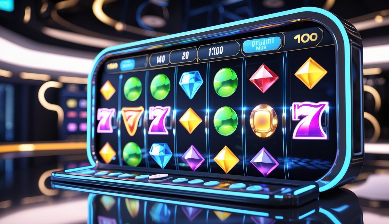 Tampilan mesin slot online interaktif dengan simbol warna-warni di layar besar dalam suasana gelap dan mewah.