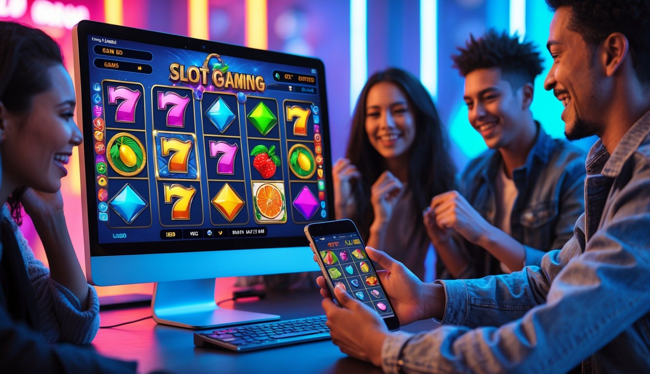 Beberapa orang muda sedang bermain permainan slot online di komputer dan ponsel dengan latar belakang ruangan modern yang terang.