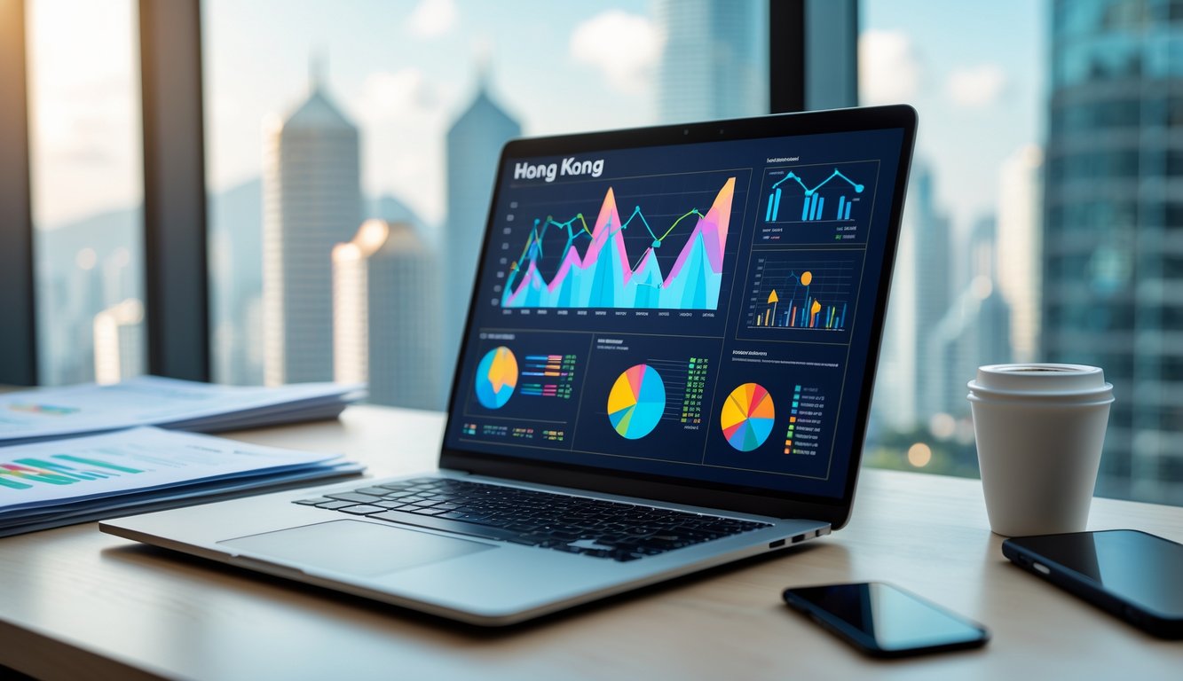 Meja kerja dengan laptop yang menampilkan grafik data, dokumen, dan pemandangan kota di latar belakang.