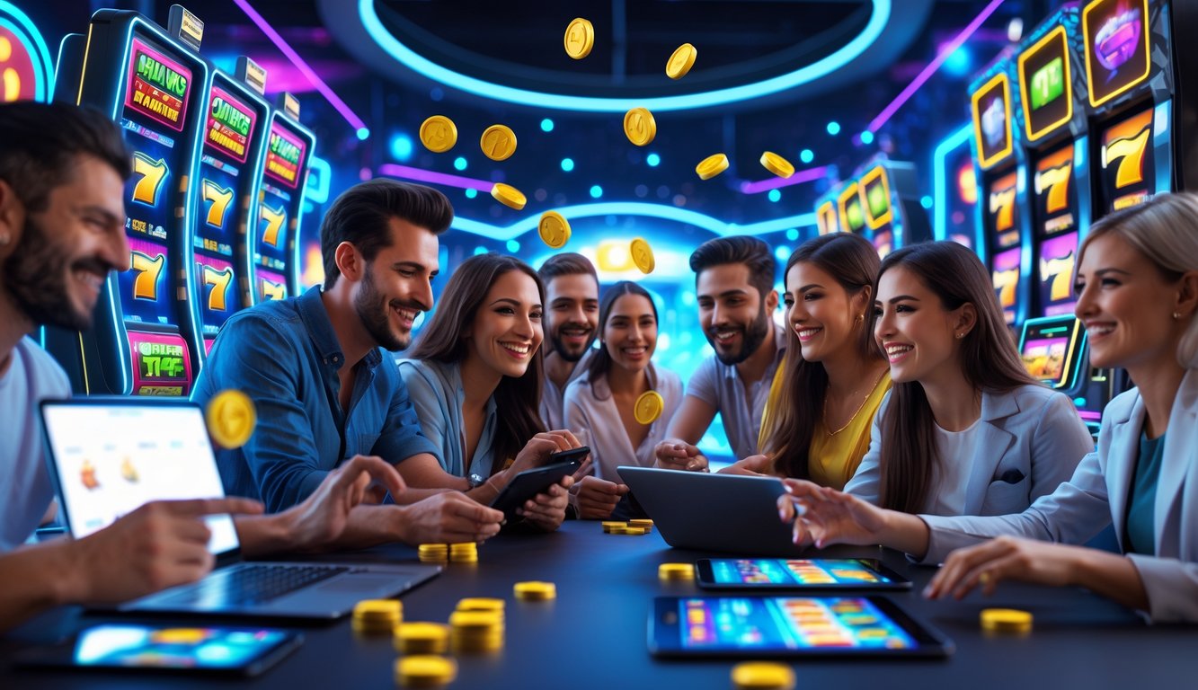 Sejumlah orang bermain permainan slot online dengan antusias di perangkat digital dalam suasana arena permainan yang modern dan penuh warna.