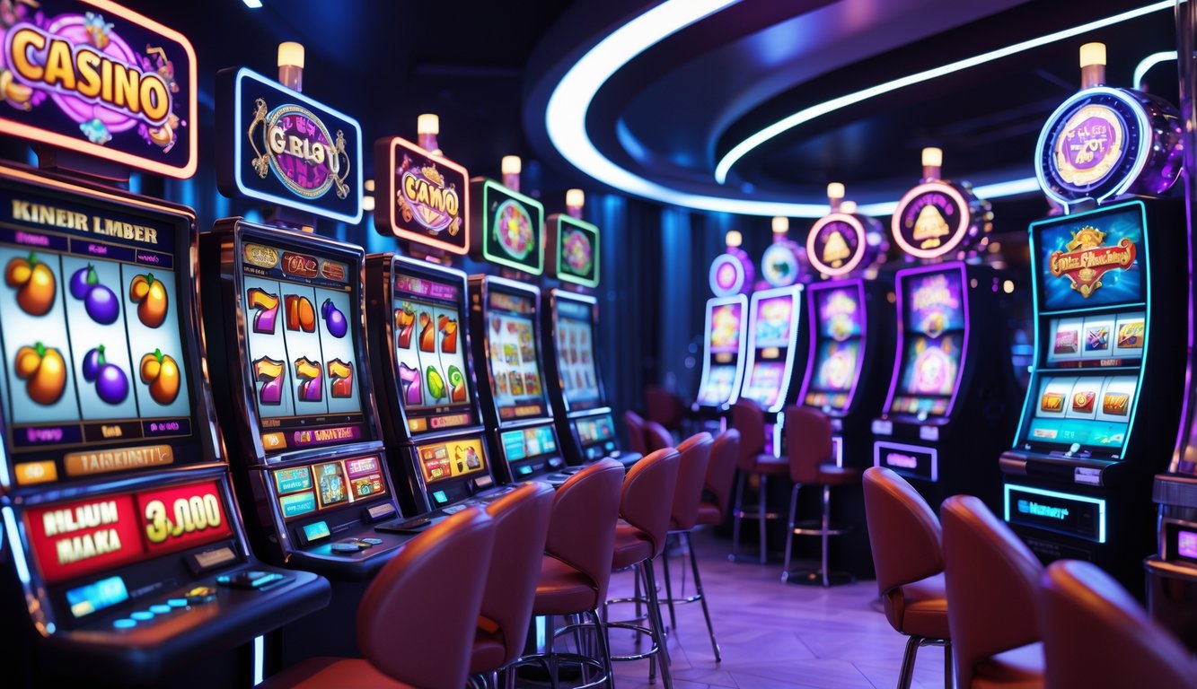 Suasana kasino virtual dengan berbagai mesin slot berwarna-warni dan tema permainan yang beragam.
