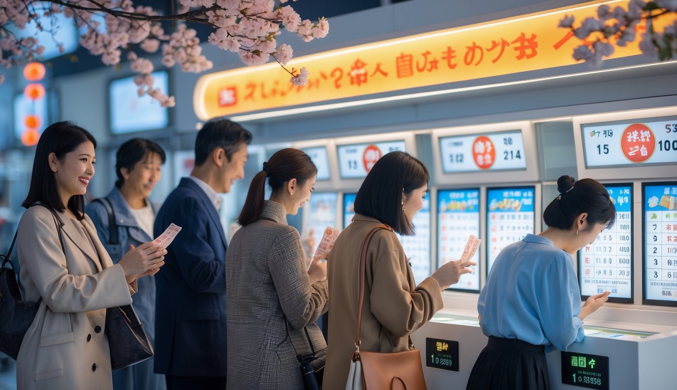 Orang-orang sedang memeriksa tiket lotere di sebuah stan lotere Jepang dengan dekorasi tradisional.
