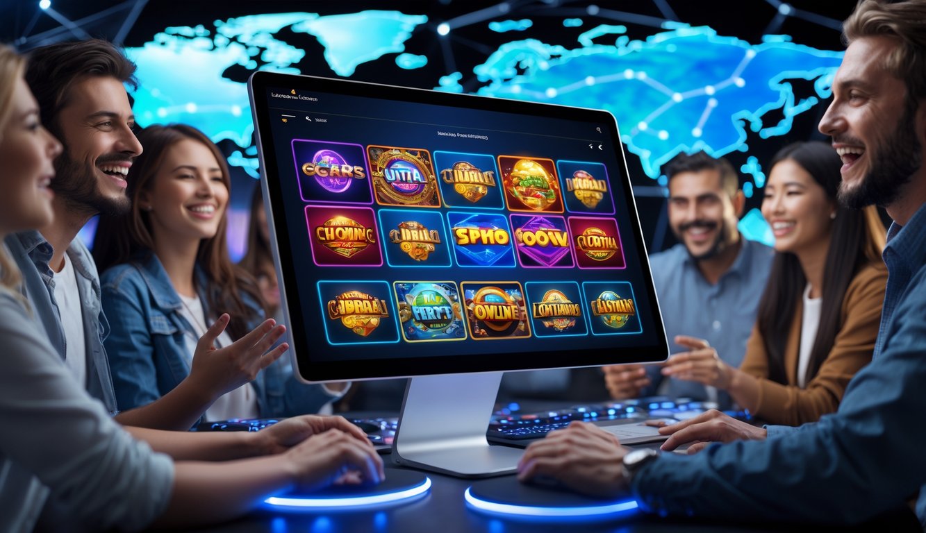 Orang-orang menikmati permainan slot online di depan komputer dengan grafik permainan yang berwarna-warni dan suasana gaming yang modern.