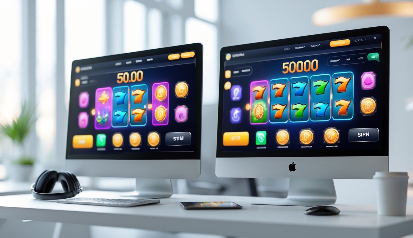 Antarmuka permainan slot online yang ditampilkan di layar komputer dan ponsel di atas meja dengan latar belakang kantor minimalis.