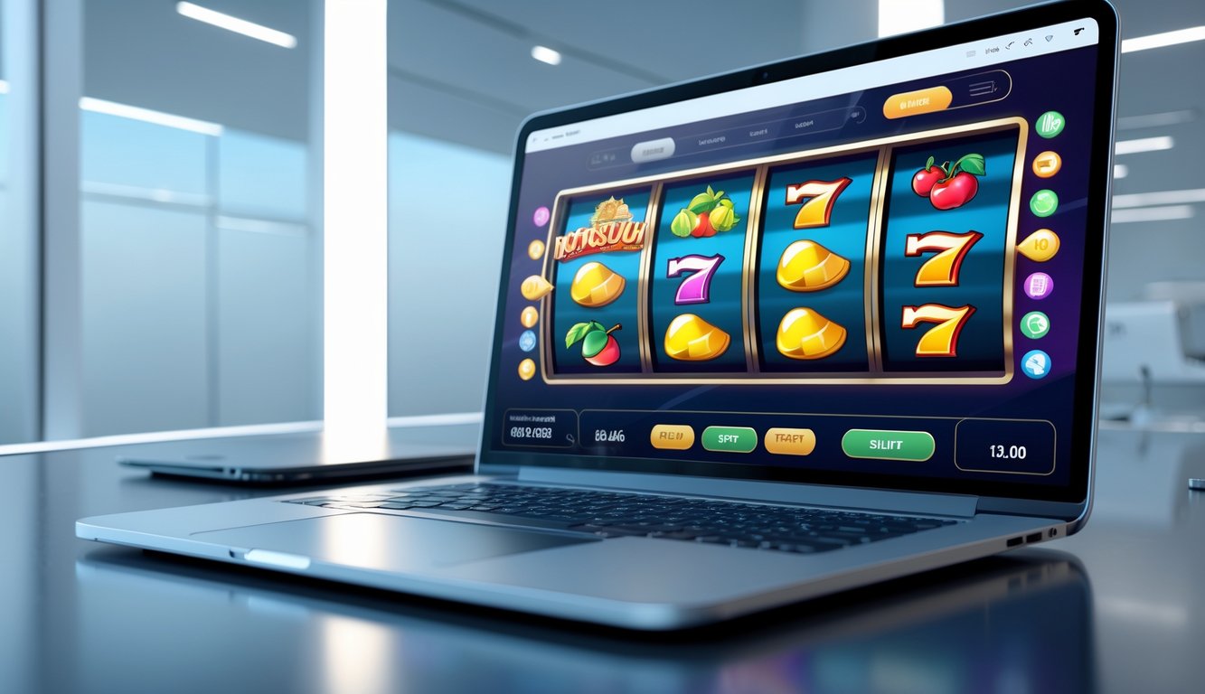 Antarmuka mesin slot online modern dengan gulungan berputar halus dan stabil di layar komputer.