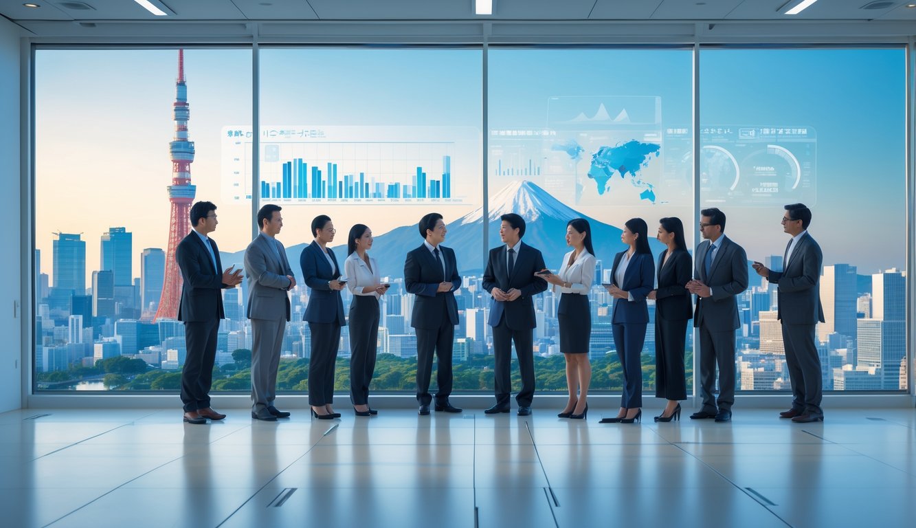 Sekelompok profesional berdiskusi di kantor modern dengan latar kota Tokyo dan gunung Fuji, menampilkan layar digital dengan grafik dan data.