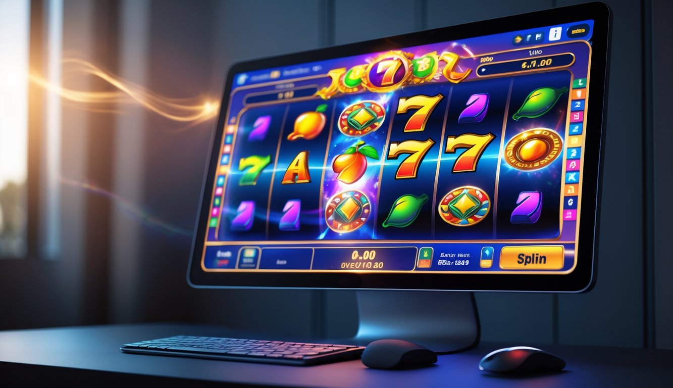 Layar komputer menampilkan permainan slot online dengan animasi dan visual warna-warni yang menarik.