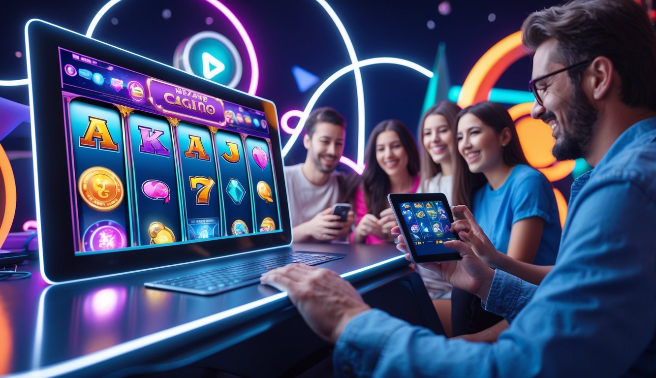 Orang-orang bermain permainan slot online dengan antusias menggunakan berbagai perangkat di latar belakang berwarna-warni dan penuh cahaya neon.