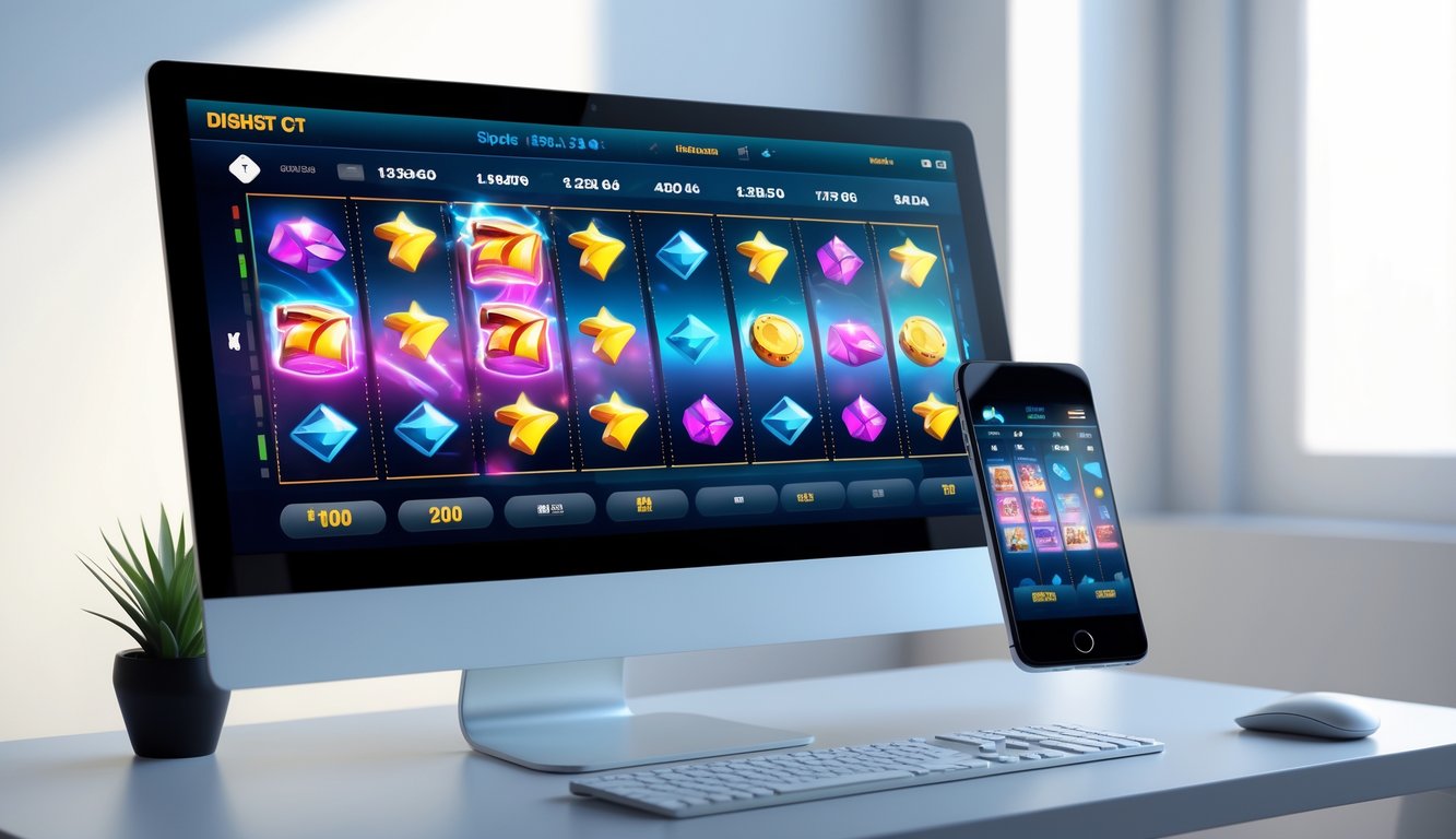 Tampilan antarmuka permainan slot online yang modern dan responsif di layar komputer dan ponsel di atas meja kerja.