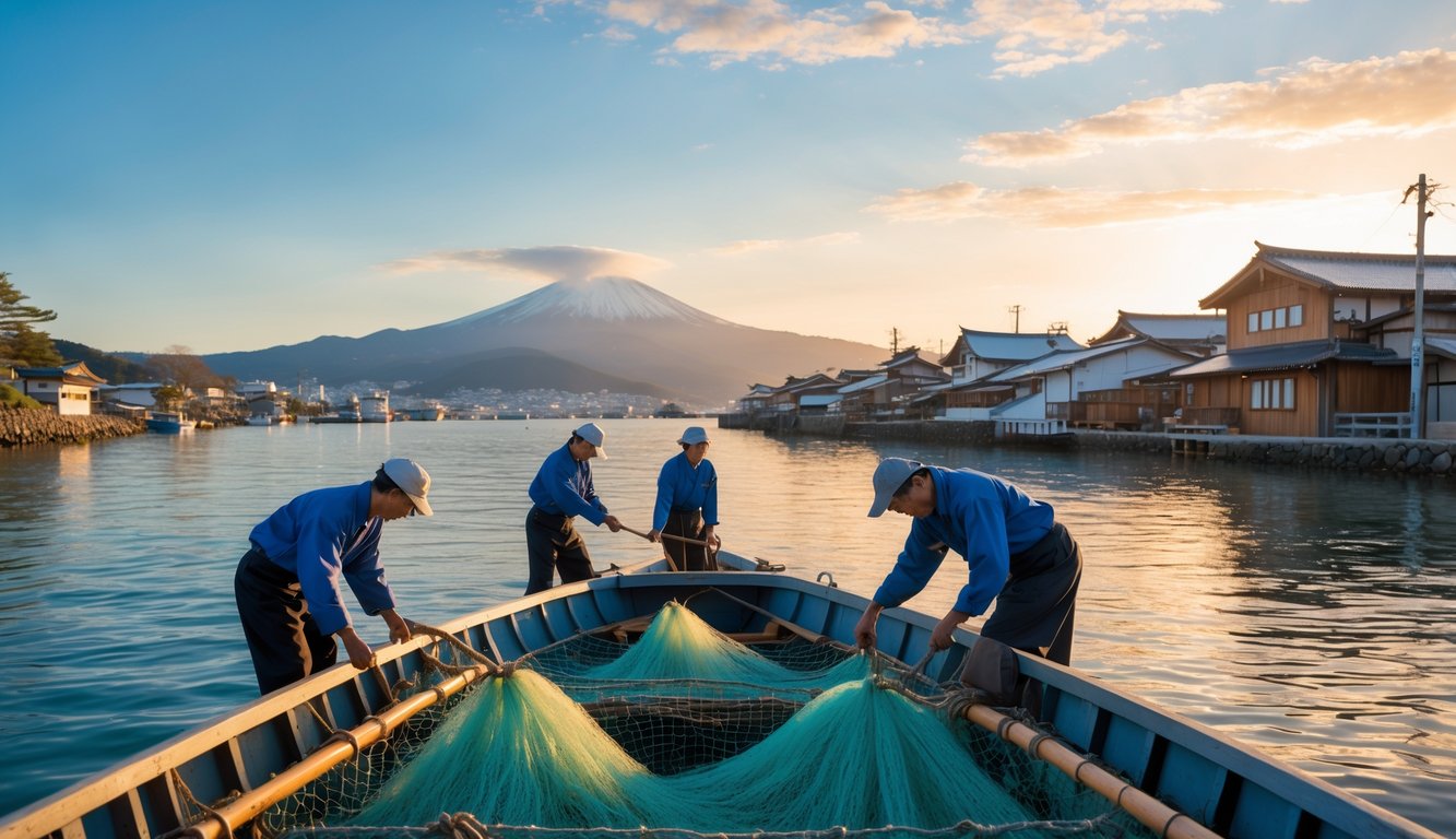 Perahu nelayan tradisional Jepang di laut saat matahari terbit dengan nelayan sedang bekerja di dek, latar belakang desa pesisir dan pohon sakura.
