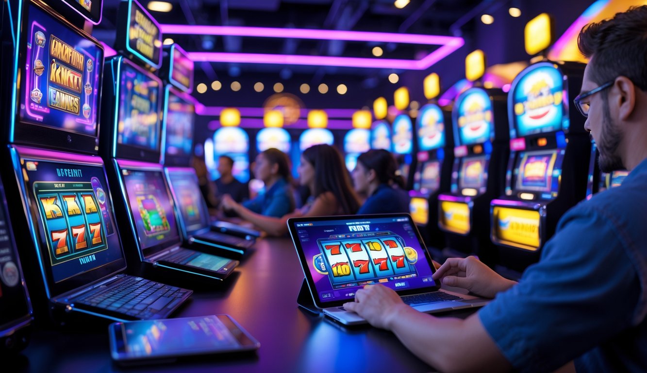 Beberapa orang bermain permainan slot online secara real-time di perangkat digital dalam ruangan modern yang terang dengan layar berwarna-warni.