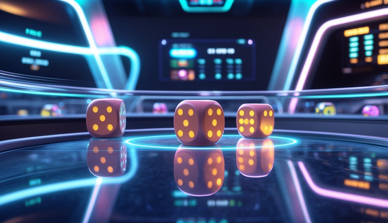 Meja judi Sicbo modern dengan tiga dadu yang sedang berputar dalam aksi waktu nyata.