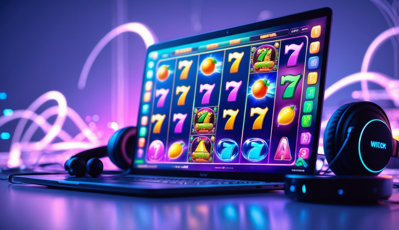 Layar komputer menampilkan permainan slot online yang berwarna-warni dengan simbol buah dan jackpot, dikelilingi oleh efek cahaya digital dan perangkat gaming.