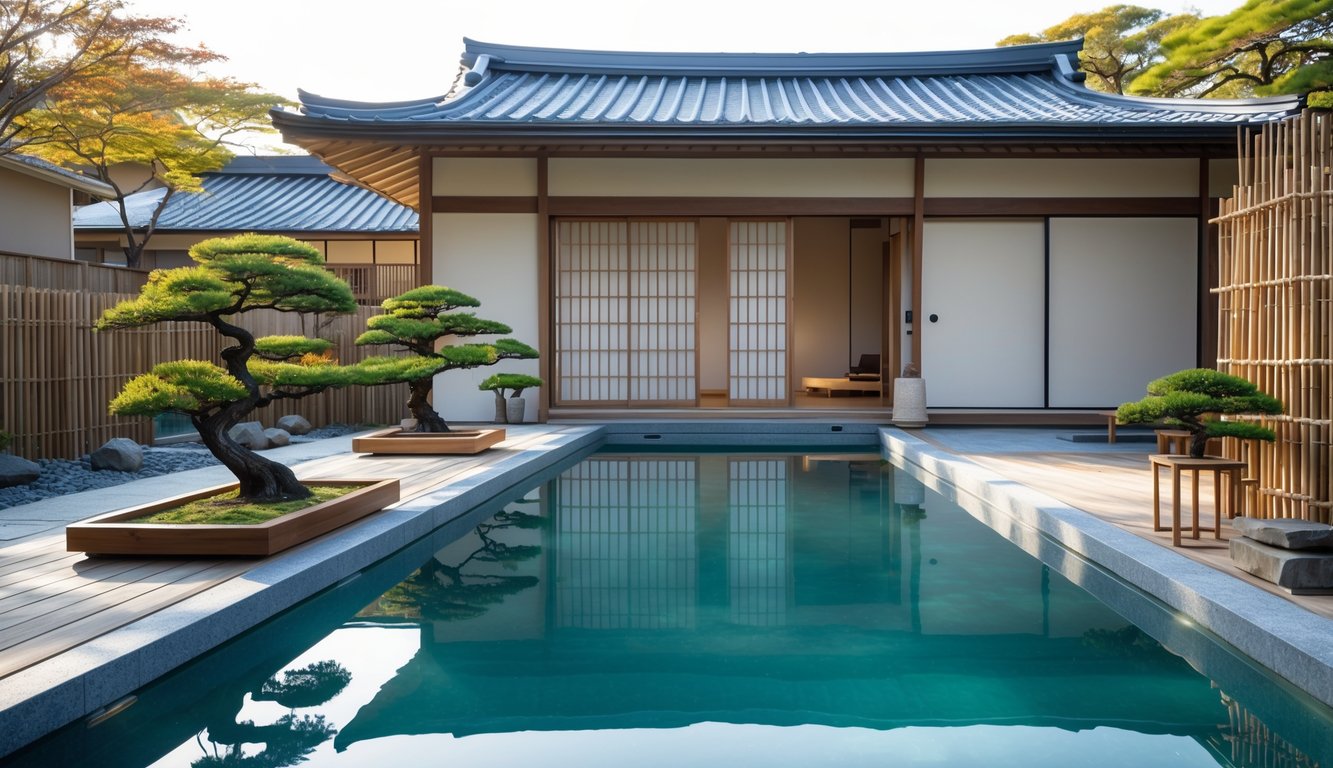 Kolam renang outdoor Jepang yang tenang dengan taman tradisional dan rumah bergaya Jepang di latar belakang.