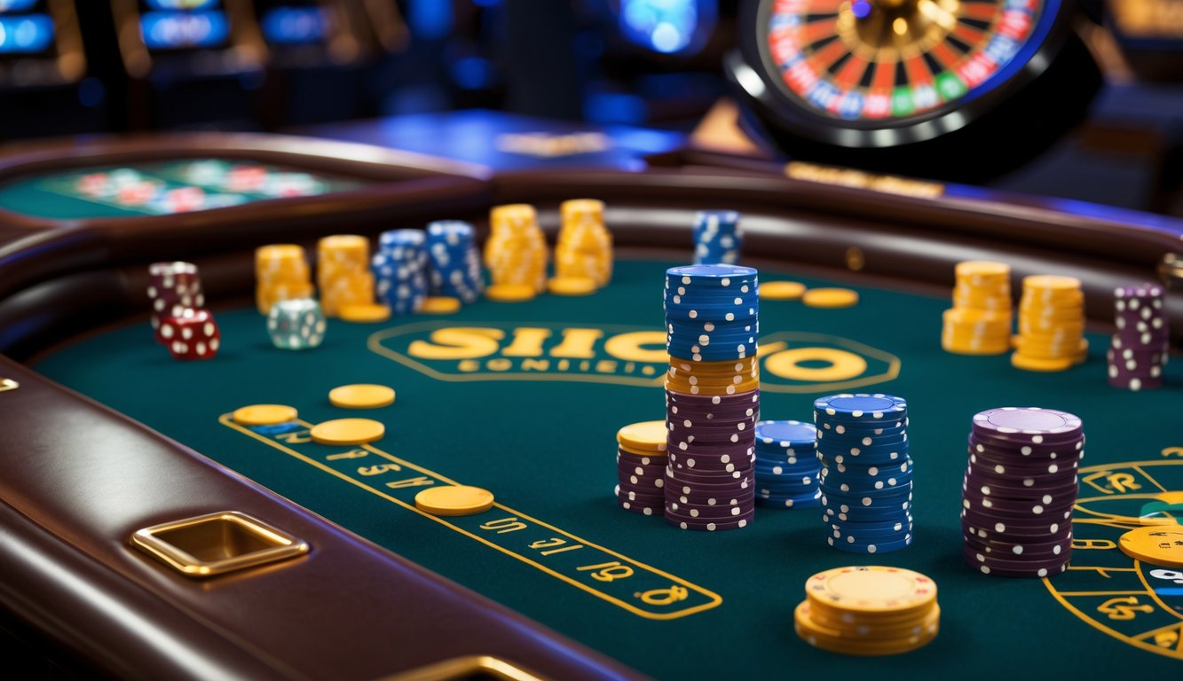 Meja permainan dadu Sicbo lengkap di kasino dengan dadu berwarna-warni dan chip taruhan tertata rapi.