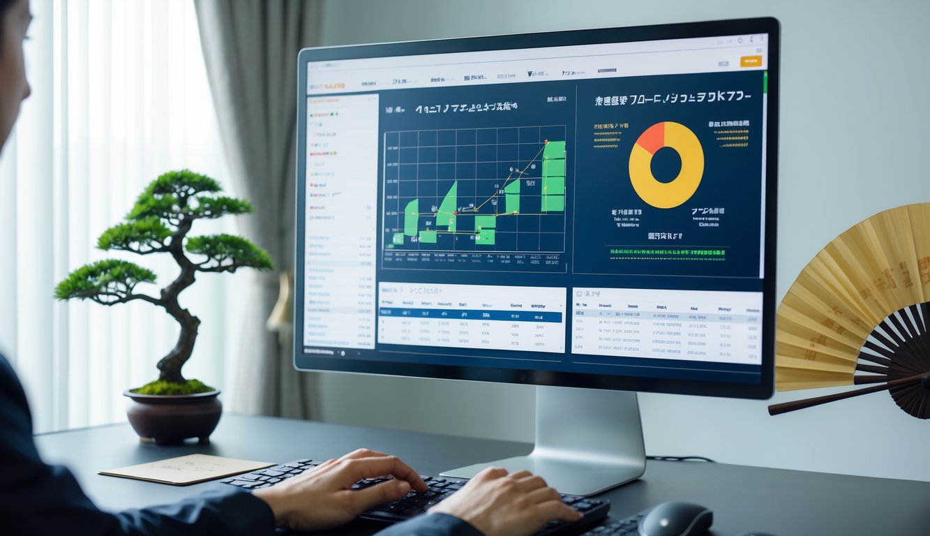 Sebuah ruang kerja modern dengan komputer yang menampilkan grafik dan data angka terkait hasil lotere Jepang, dengan tanaman bonsai kecil dan kipas tradisional Jepang di meja.