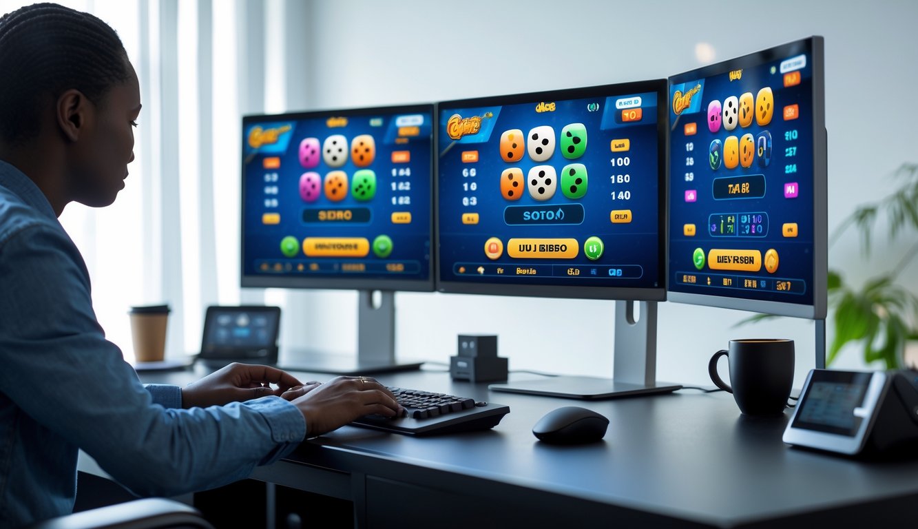 Seseorang sedang bermain permainan Judi Sicbo online dengan komputer dan layar menampilkan permainan dadu di meja kerja yang rapi.
