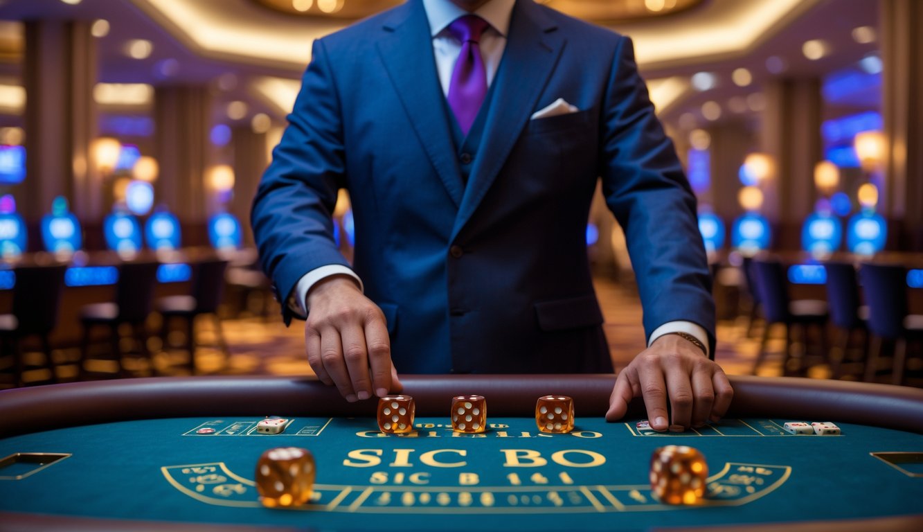 Seorang dealer profesional berdiri di belakang meja permainan Sic Bo dengan dadu yang sedang dilempar di sebuah kasino mewah.