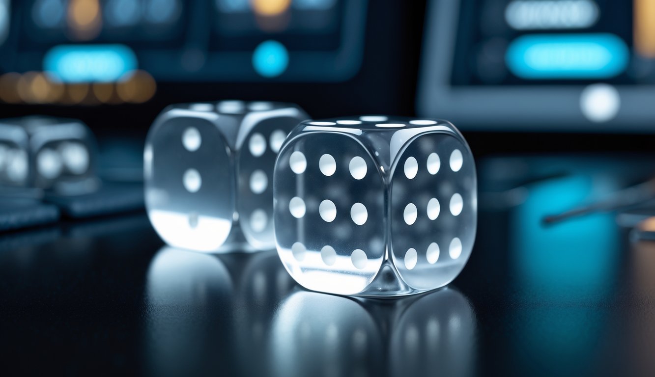 Dua dadu transparan di atas permukaan hitam mengkilap dengan latar belakang antarmuka permainan digital yang samar.