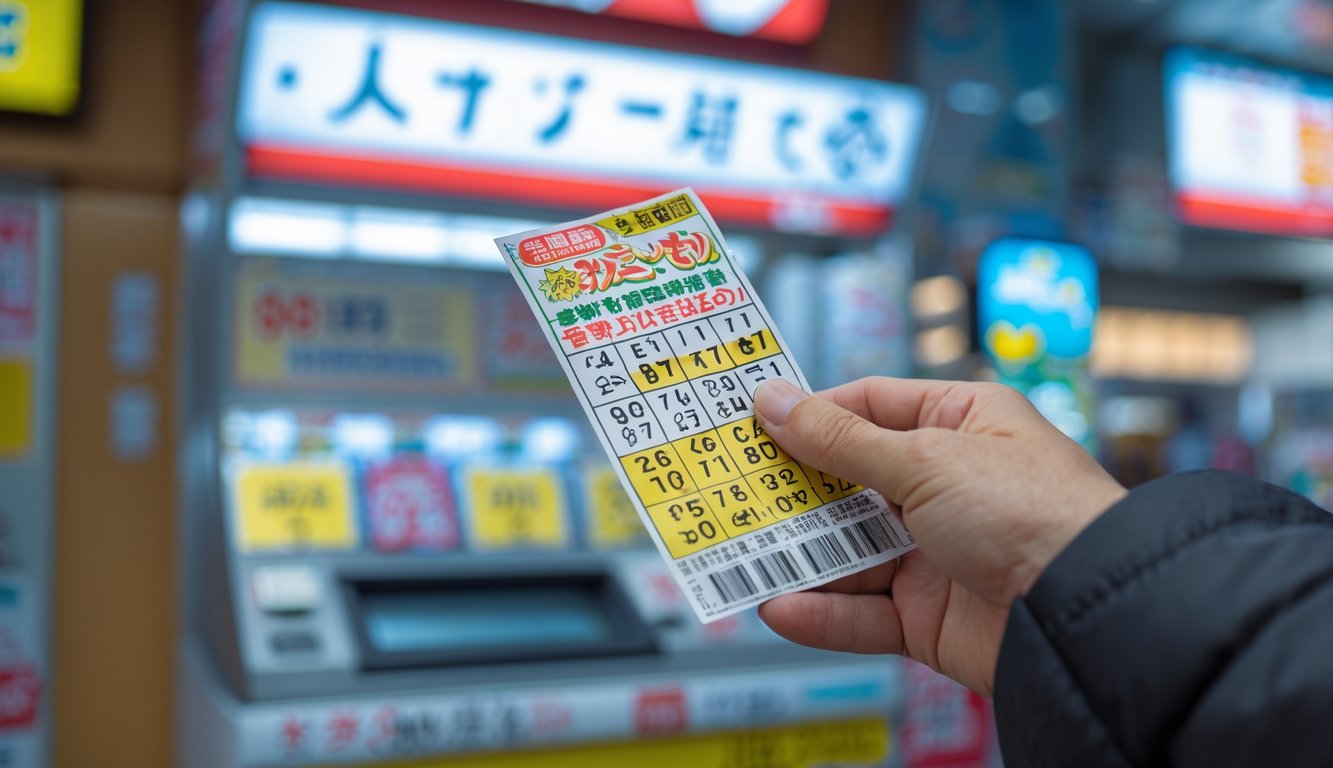 Tangan seseorang memegang tiket lotere Jepang di dalam toko dengan latar belakang kabur.