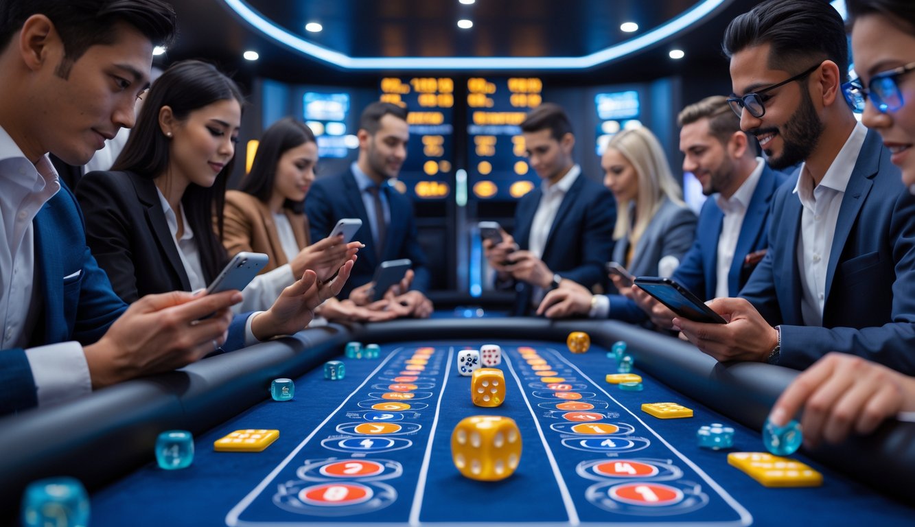Meja judi Sicbo dengan dadu transparan yang sedang dilempar dan beberapa pemain yang fokus menggunakan perangkat digital di sekitar meja.