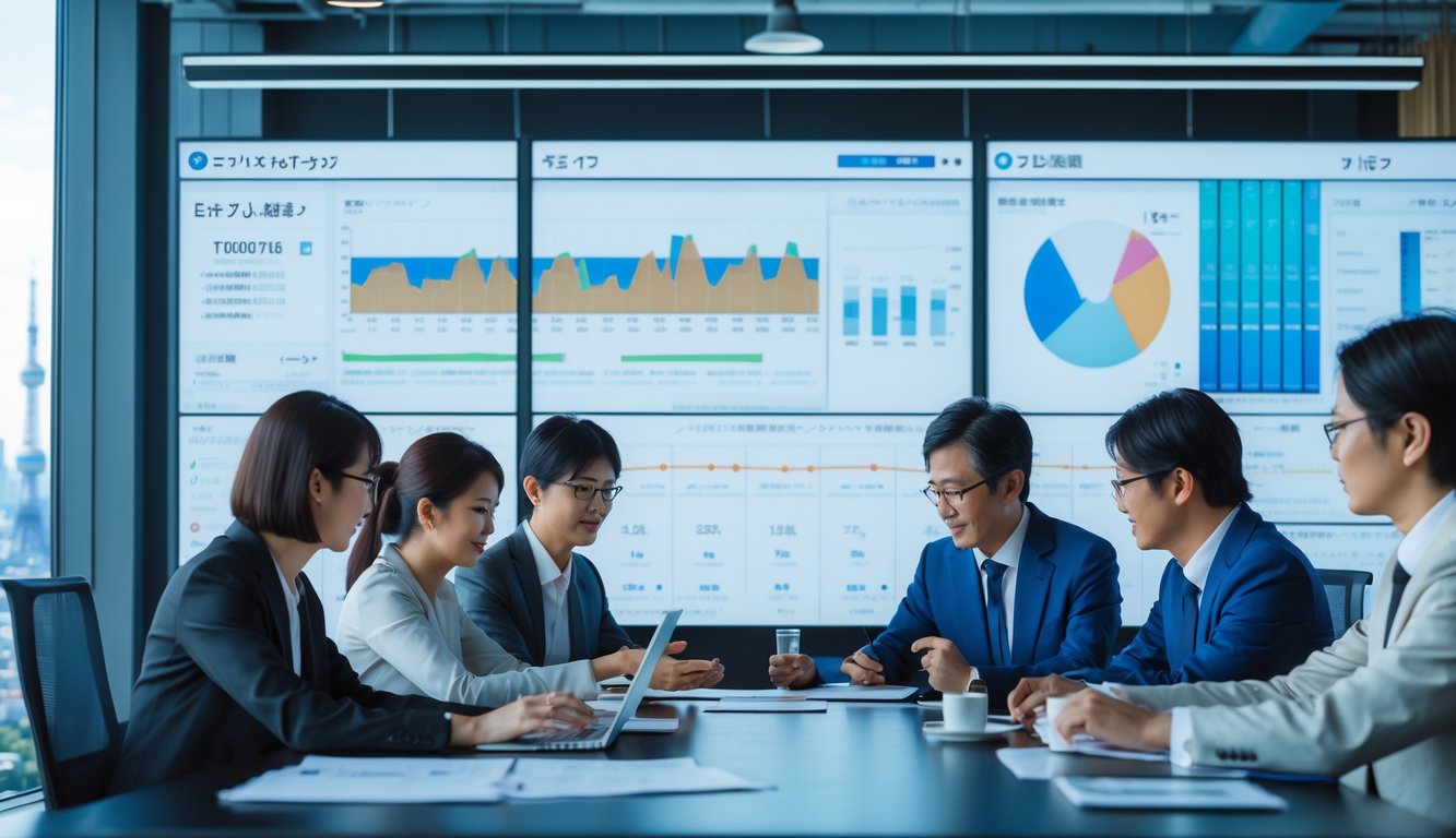 Sekelompok profesional bisnis Jepang sedang berdiskusi di kantor modern dengan layar digital menampilkan data angka dan pemandangan kota Tokyo di latar belakang.