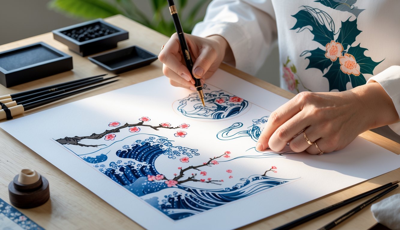 Seorang seniman sedang menggambar motif tradisional Jepang dengan alat lukis di atas meja.