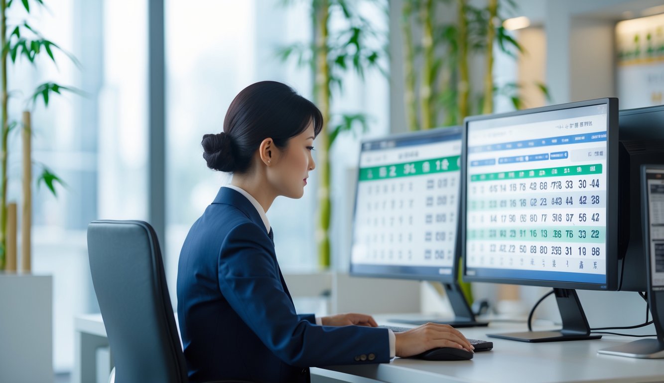 Seorang profesional sedang bekerja di kantor agen togel Jepang dengan komputer dan dekorasi minimalis.