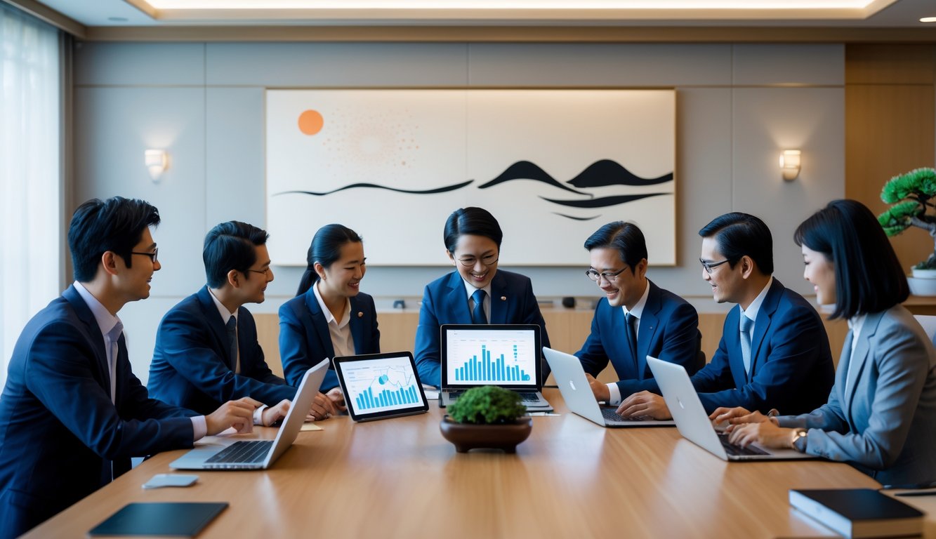 Sekelompok profesional sedang berdiskusi di ruang konferensi dengan elemen dekorasi Jepang di latar belakang.