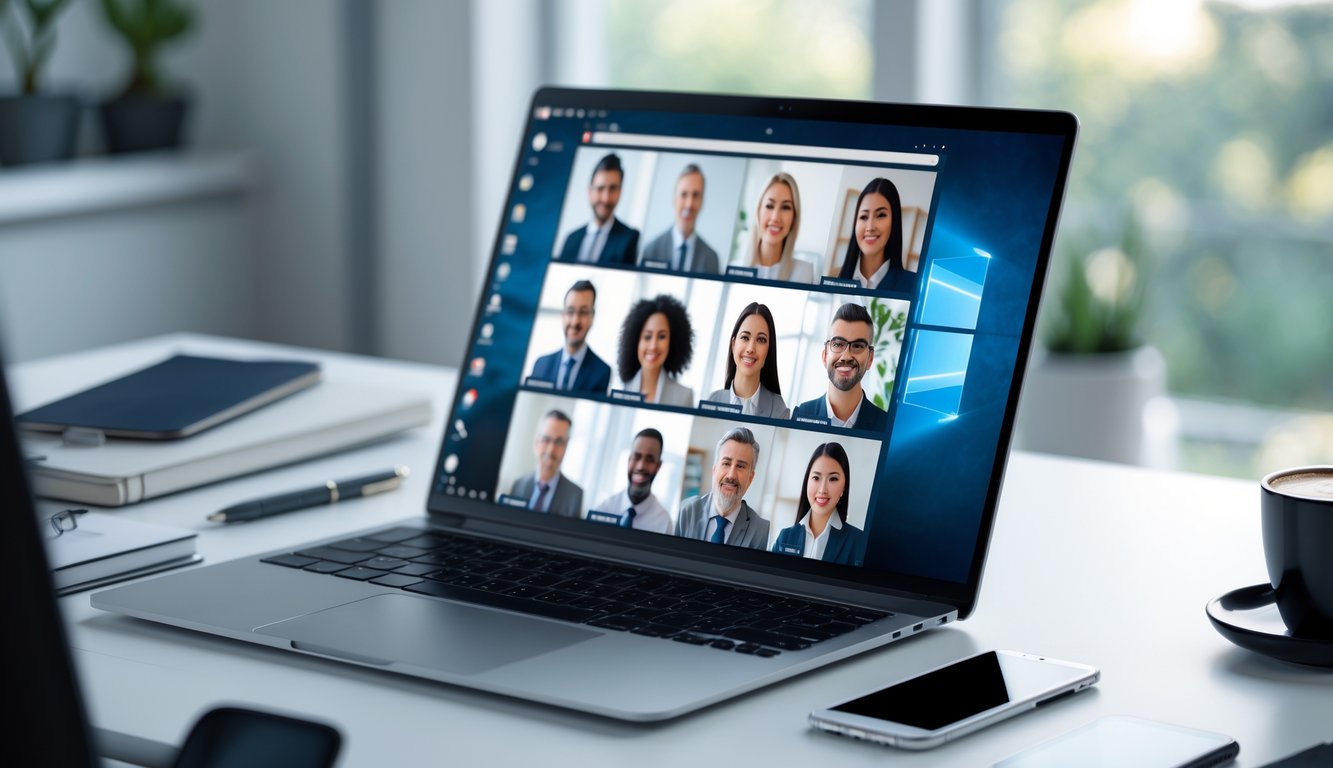 Sebuah ruang kerja modern dengan laptop terbuka yang menampilkan konferensi video, dikelilingi oleh alat tulis dan cangkir kopi di atas meja.