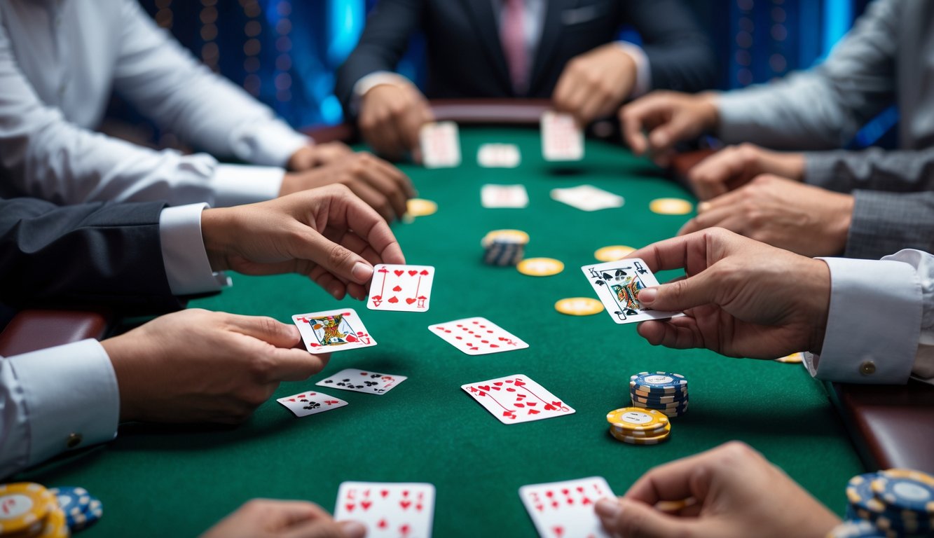 Meja permainan Bandar Ceme dengan beberapa tangan pemain memegang kartu dan dealer membagikan kartu di tengah meja.