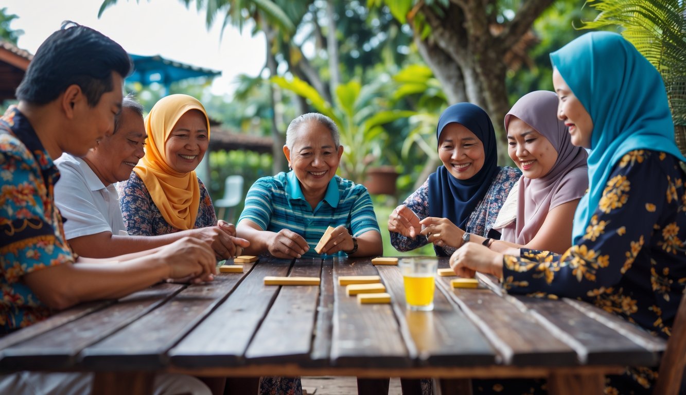 Sekelompok orang sedang bermain permainan Ceme Keliling di luar ruangan dengan suasana santai dan ceria.