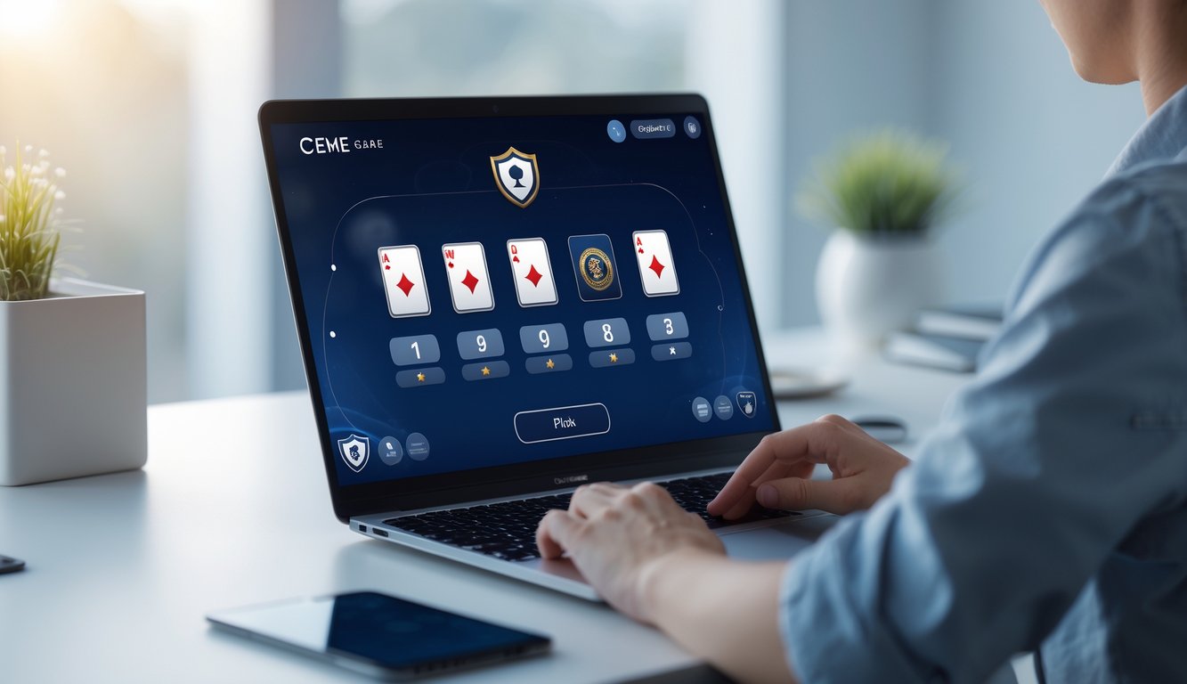 Sebuah laptop di meja kerja menampilkan permainan kartu digital dengan suasana yang tenang dan terorganisir.